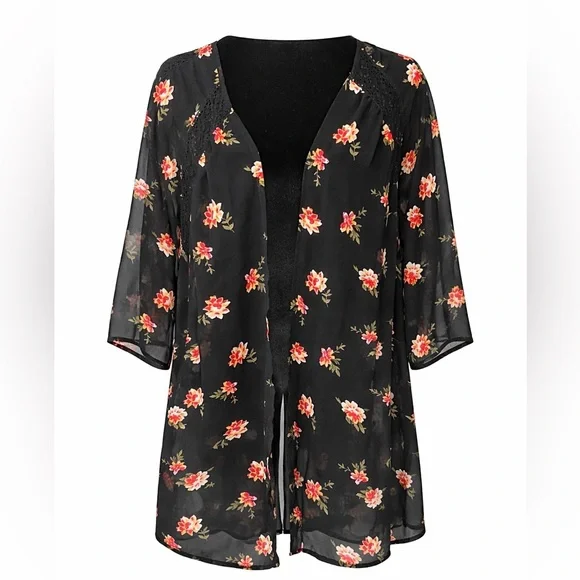 Express Sheer Black Cardigan with Red Floral Pattern - Picture 2 of 7